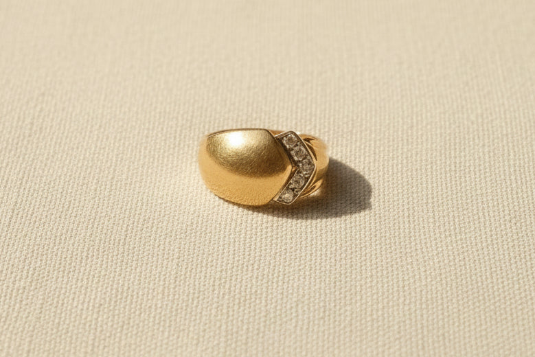 14K Gold Retro Dome Ring with Diamond Chevron Accent