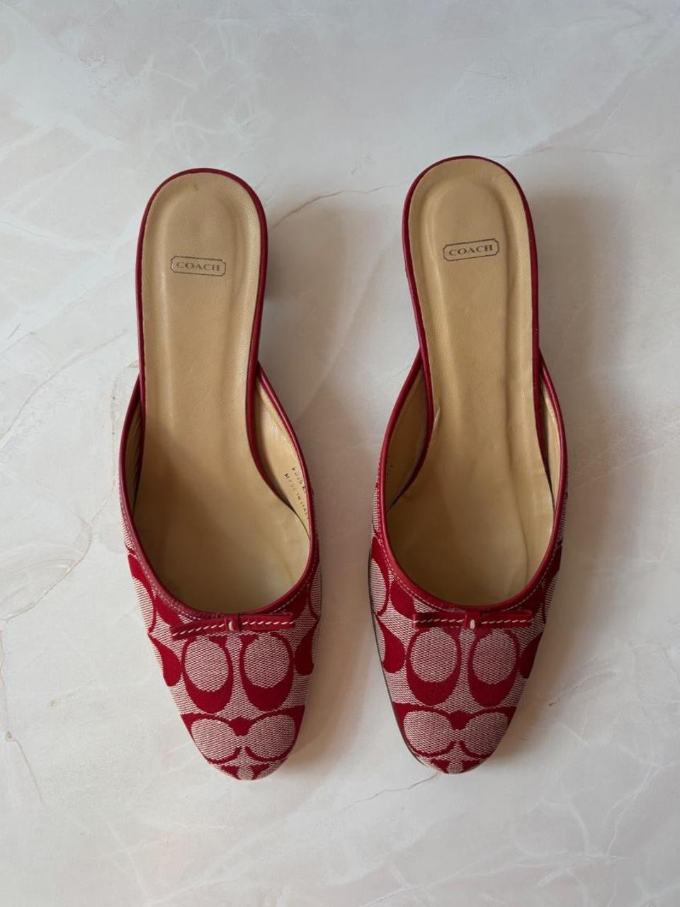 Coach US 8.5 Red and Cream Monogram Canvas Kitten Heel