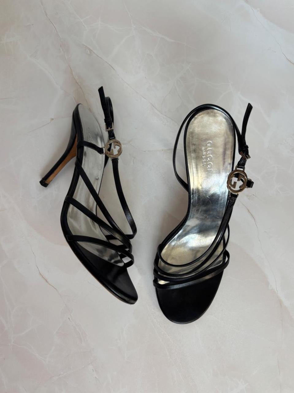 Gucci EU 38.5 Black Leather Strappy Slingback Sandal