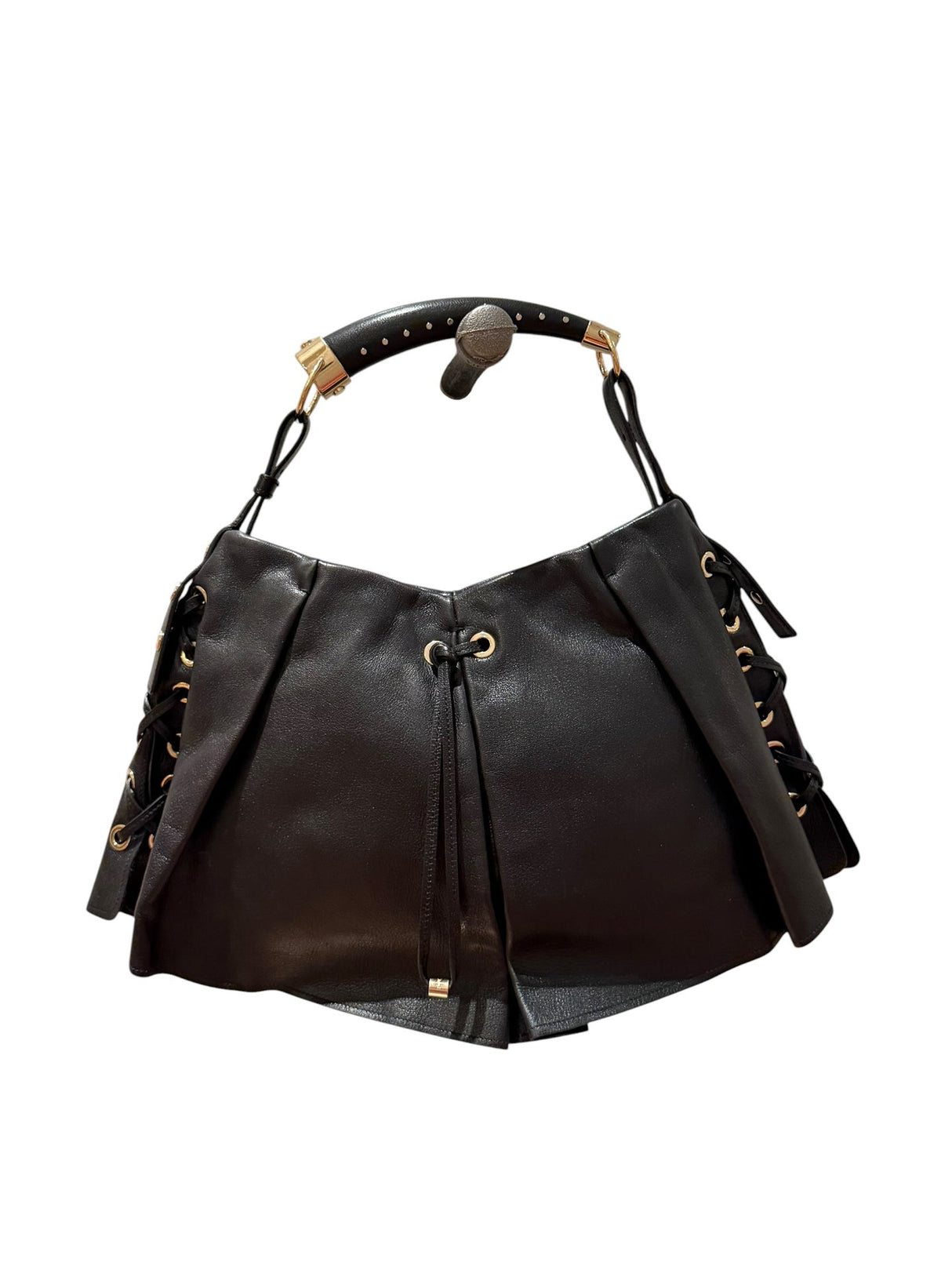 Yves Saint Laurent black leather corset Shangrila Mombasa bag with horn handle