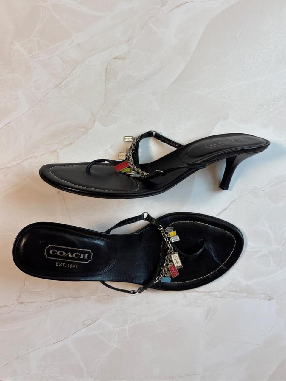 Coach US 9.5 Black Leather Thong Sandal Kitten Heel