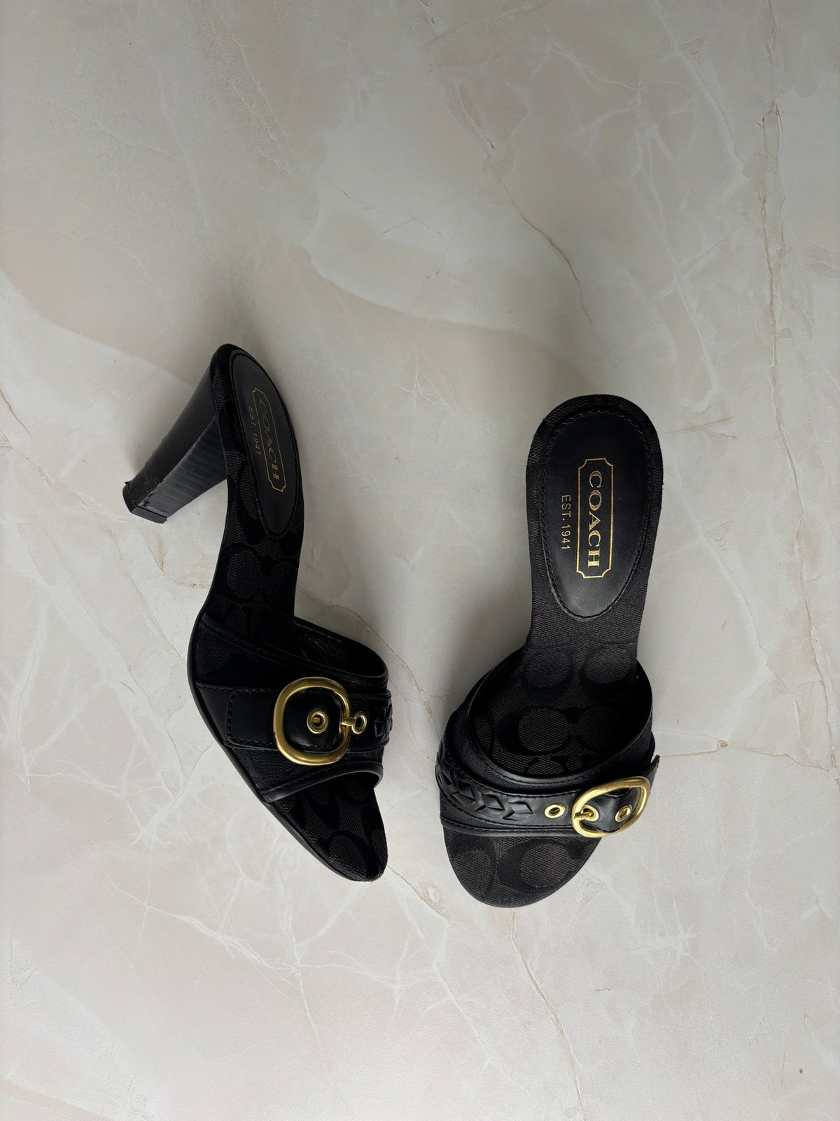 Coach US 6 Black Monogram Canvas Open-toe Block Heel Mule