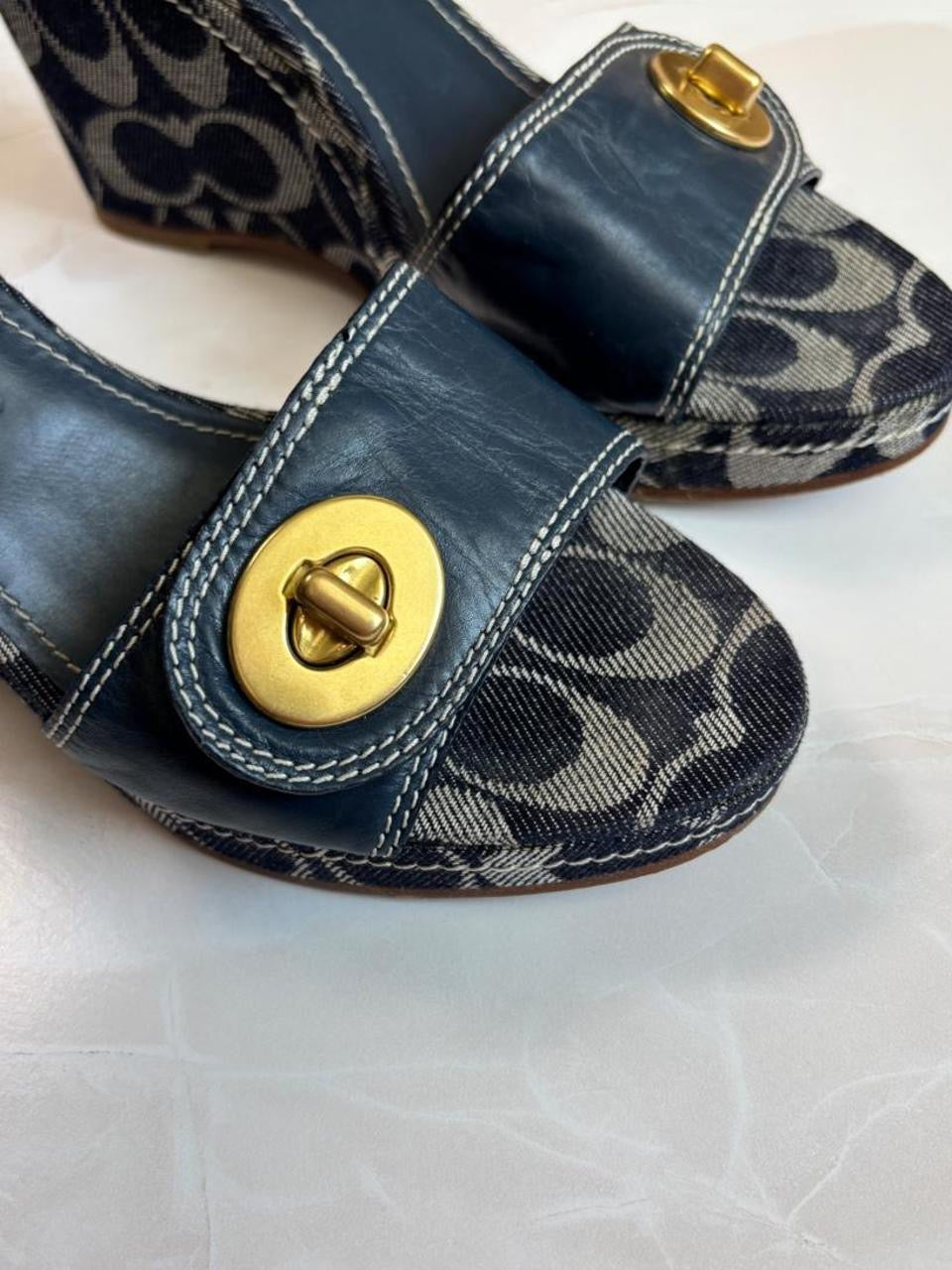 Coach US 8.5 Navy Monogram Canvas Ankle Strap Chunky Platform Wedge