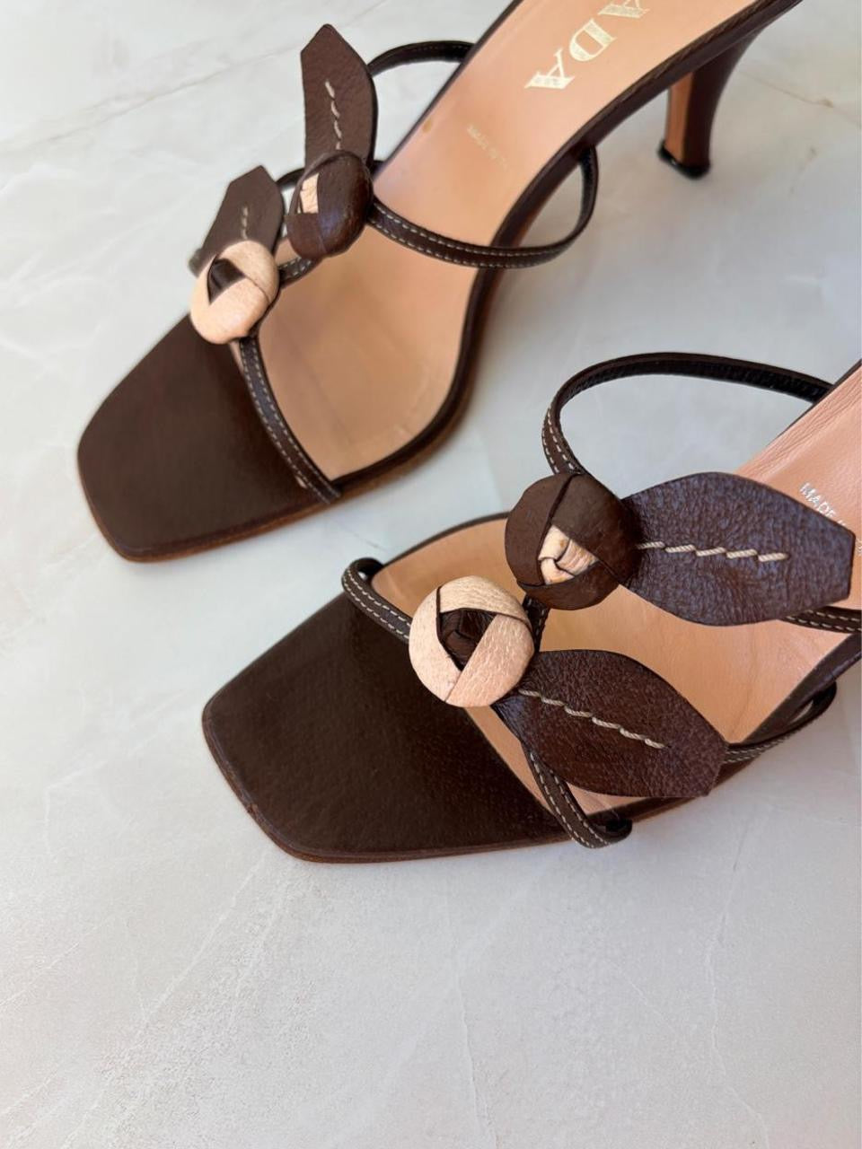 Prada EU 38.5 Chocolate Brown Leather Flower Kitten Heel Mule