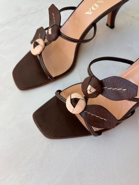 Prada EU 38.5 Chocolate Brown Leather Flower Kitten Heel Mule