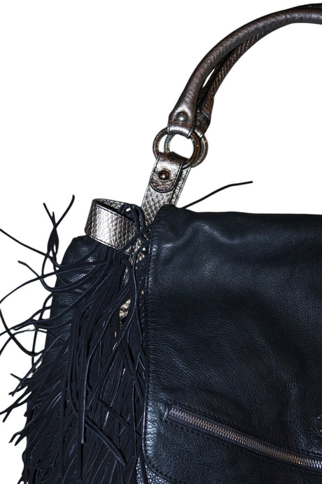 Just Cavalli large black eco leather bag with fringes
