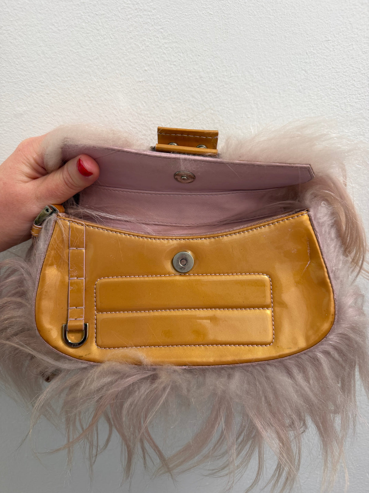 Rare Dior by John Galliano FW 2003 Pink Mongolian fur & Patent Leather Columbus Clutch - runway piece - TUV #88885