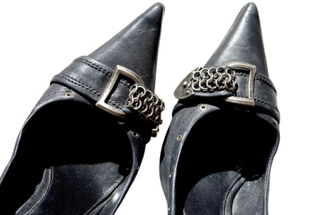 Dior black leather heels with iconic D buckle chain embellishment (36.5)