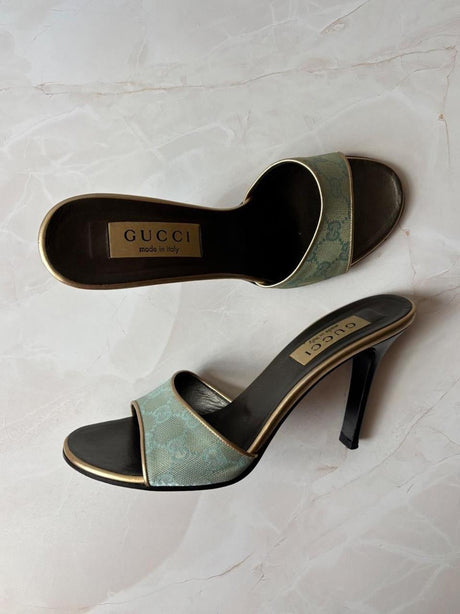 Gucci US 9.5 90s Monogram Canvas Open Toe Mules