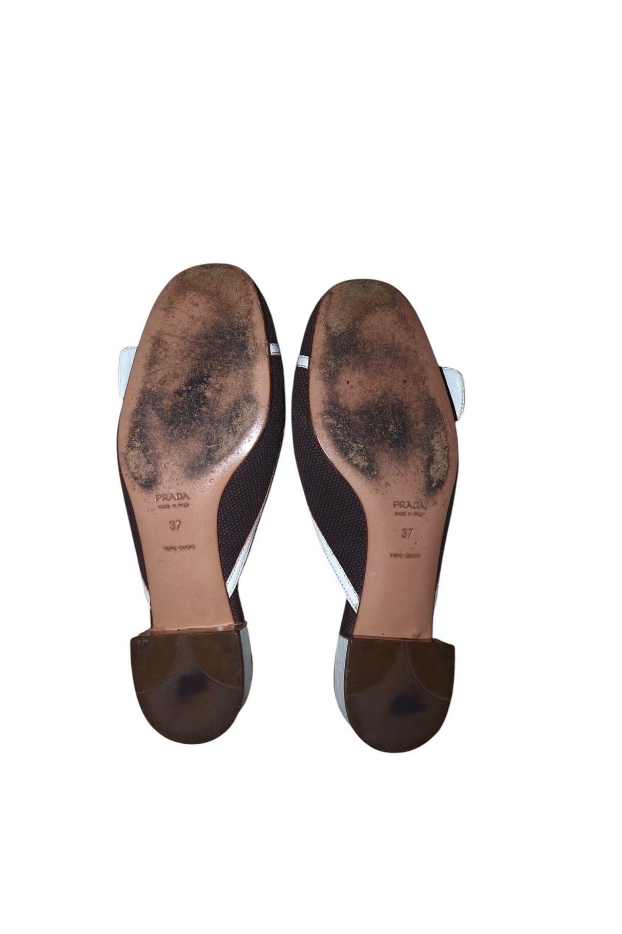 Prada brown canvas round toe mules with white buckles (37)