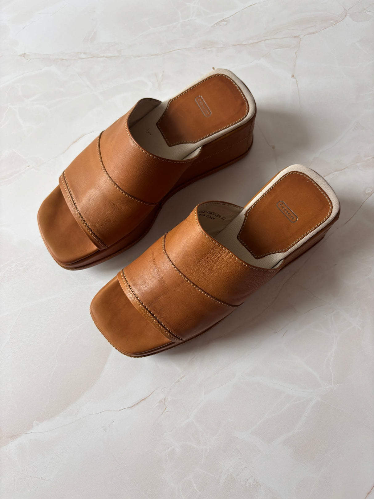 Coach US 5.5 Tan Leather Square Toe Slide Sandal