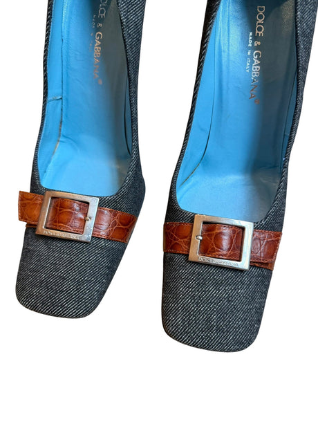 Dolce & Gabbana denim square toe heels with front leather strap (38)