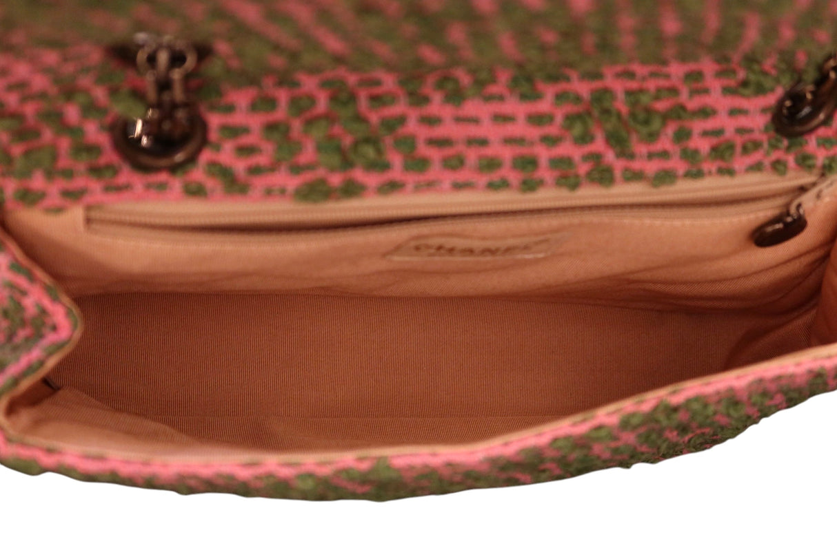 Rare Chanel flap bag quilted in pink and green tweed, reissue chain