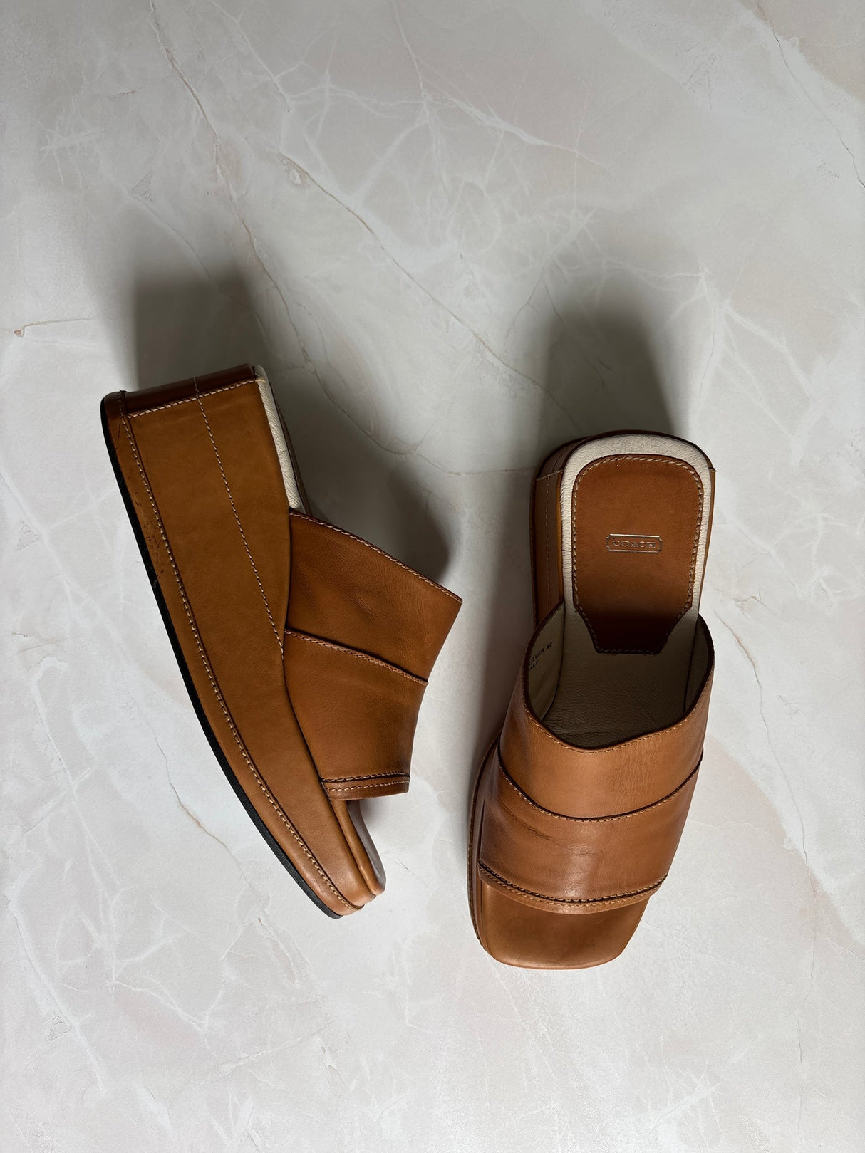 Coach US 5.5 Tan Leather Square Toe Slide Sandal