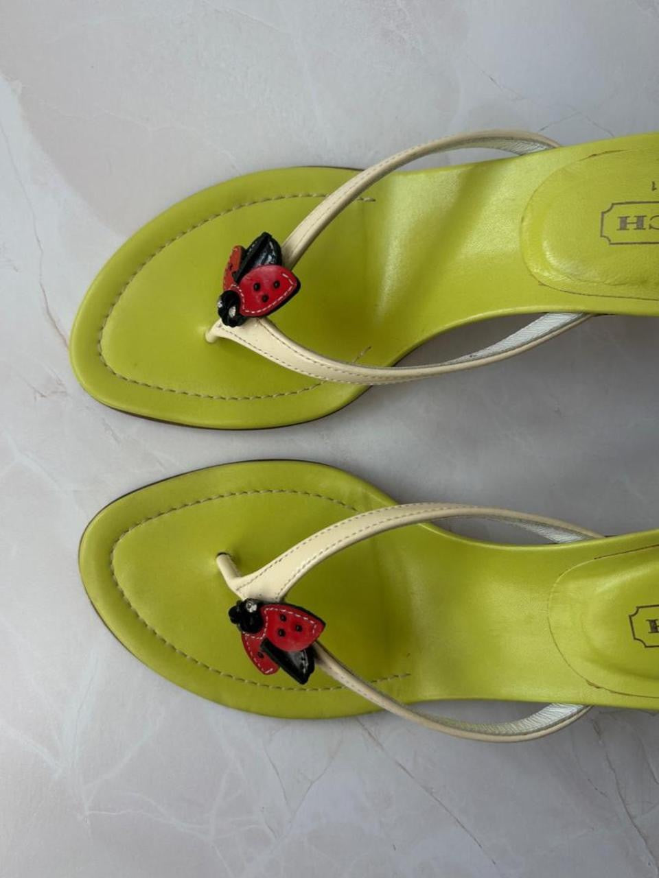Coach US 9 Rare Ladybug Green Leather Thong Sandal