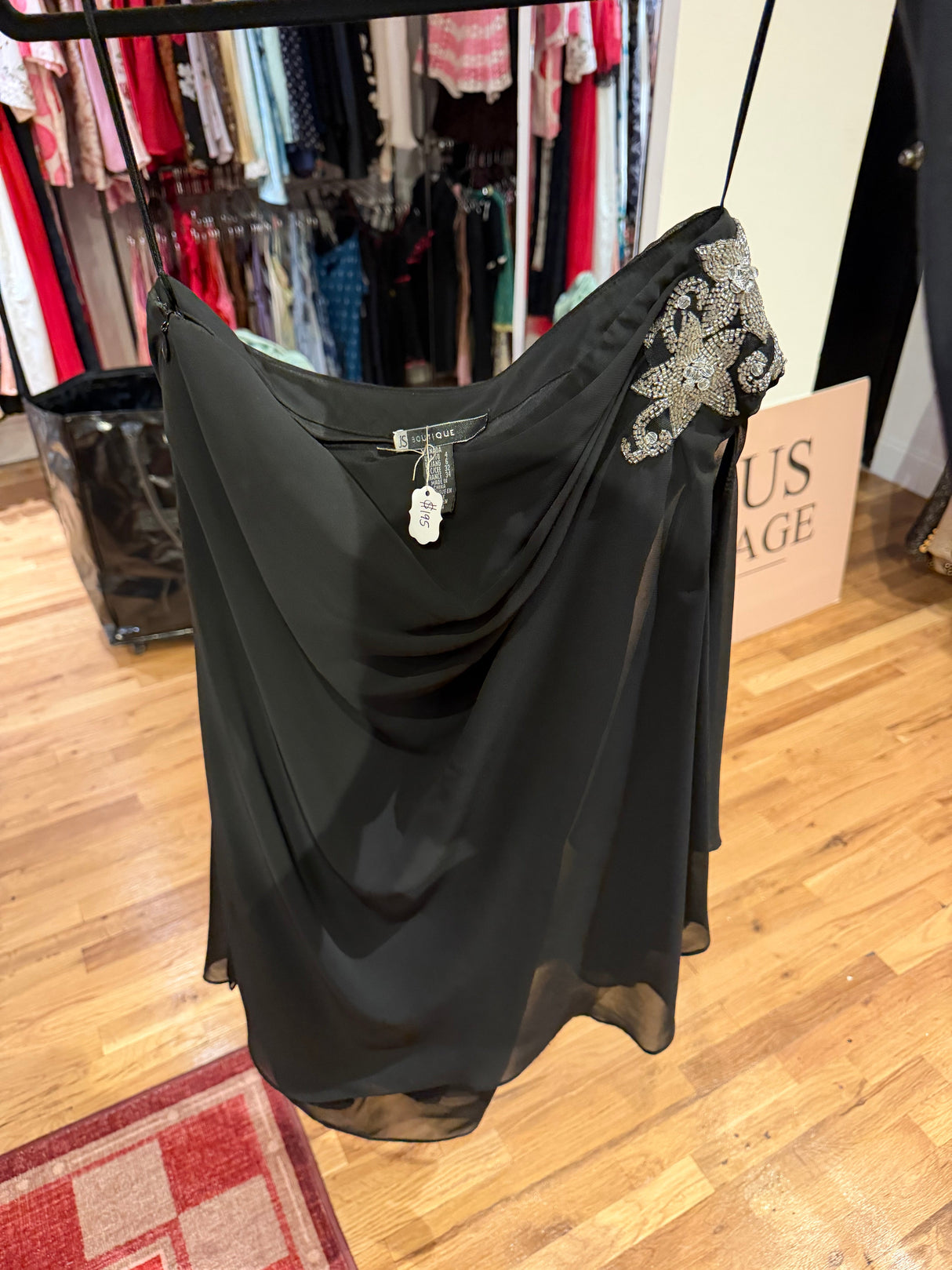 Black chiffon one shoulder dress with beaded shoulder