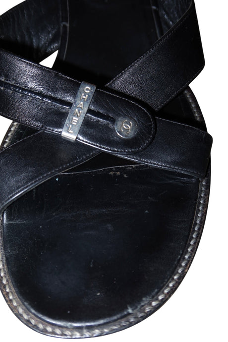 Chanel black leather sandal mules with silver details (40.5)