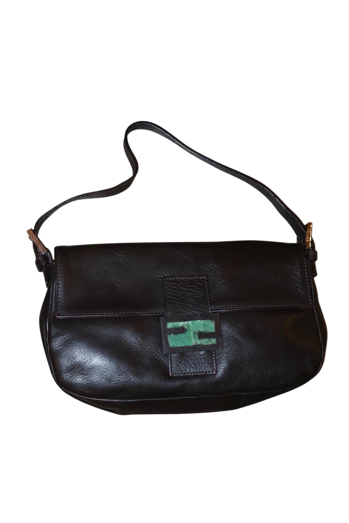 Fendi dark brown baguette bag with green stone logo