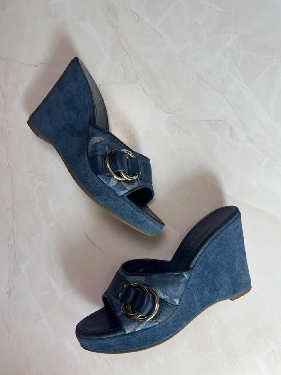 Coach US 6.5 Blue Monogram Canvas Wedge Slide Sandal