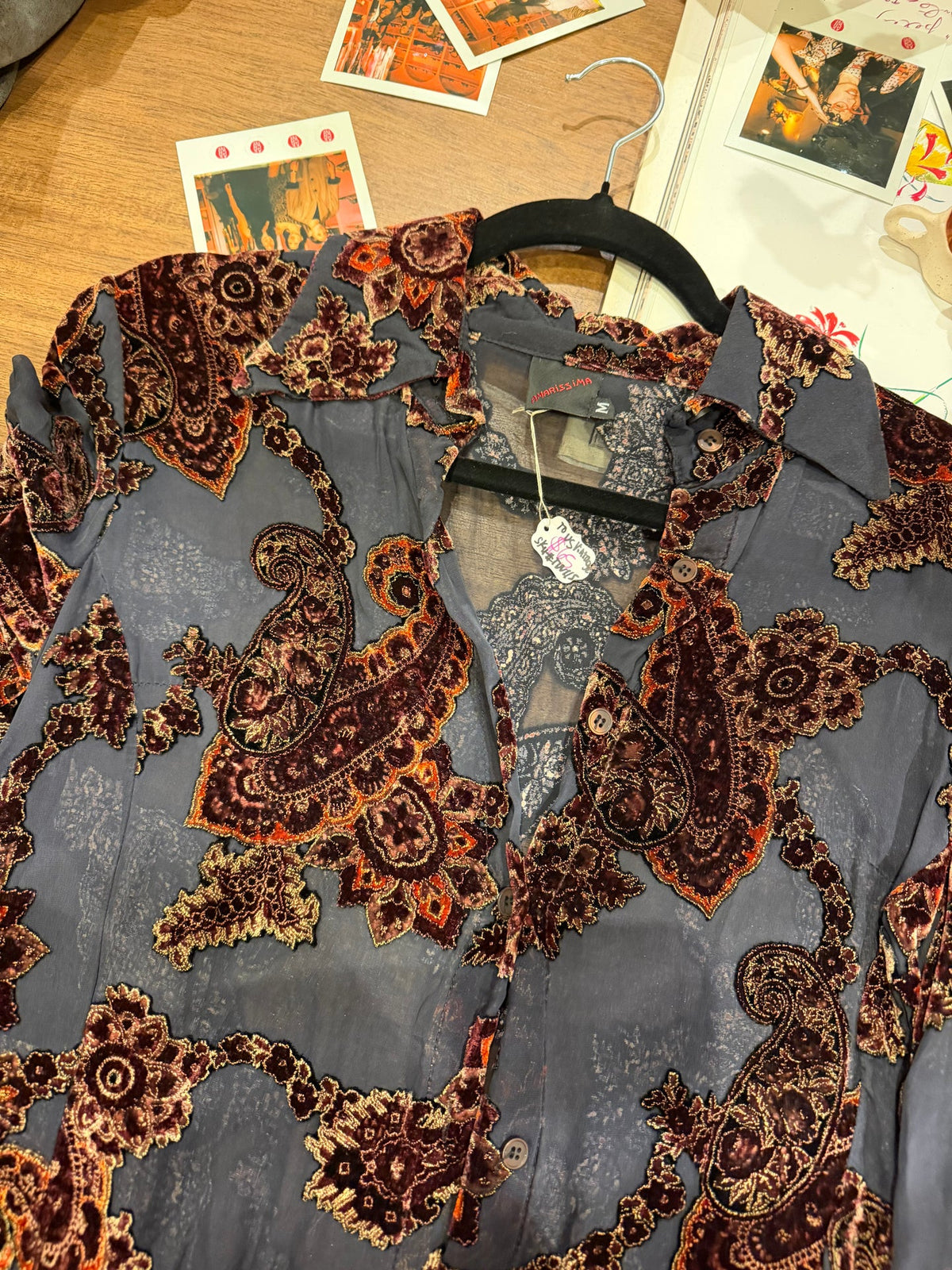 Black sheer velvet button down burn out blouse - sku tuv #115