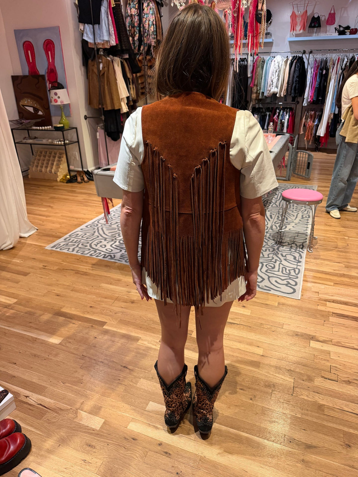 Vintage brown leather vest with fringe TUV #123425