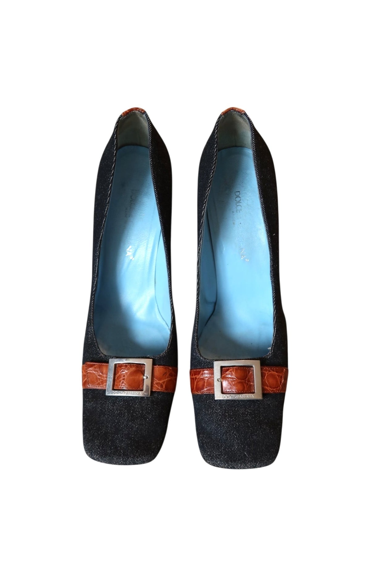 Dolce & Gabbana dark denim square toe heels with leather strap and silver buckle (39)