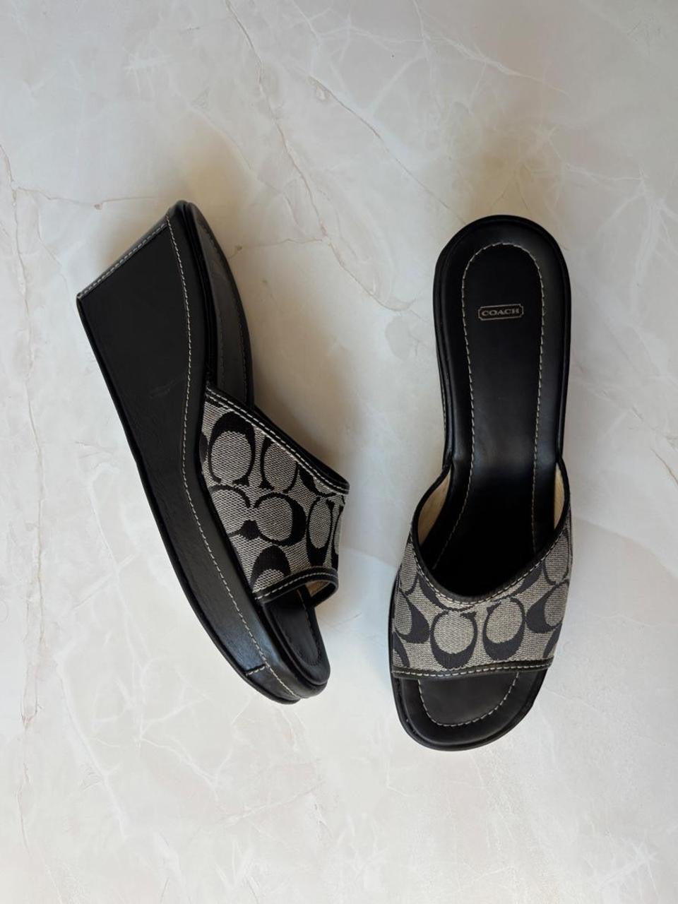 Coach US 10 Black Grey Monogram Canvas Wedge Slide Sandal