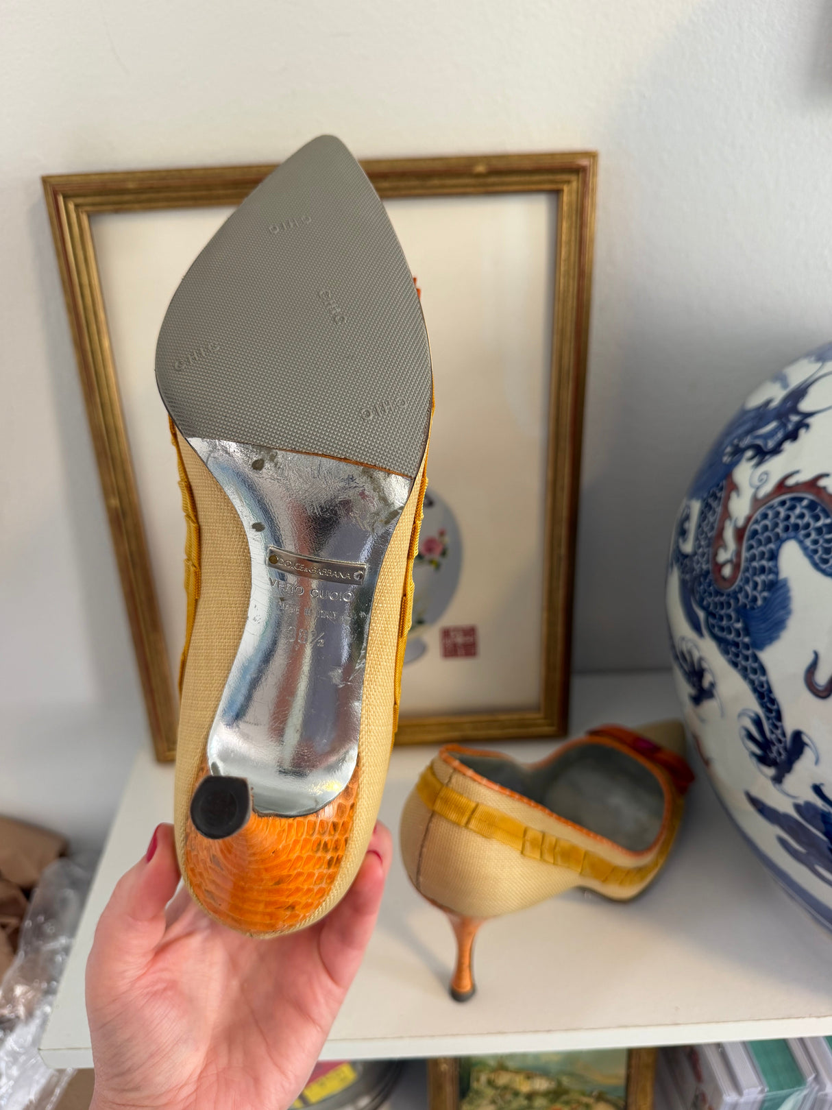 Dolce & Gabbana raffia pumps with yellow trim nd orange bow - TUV #767809