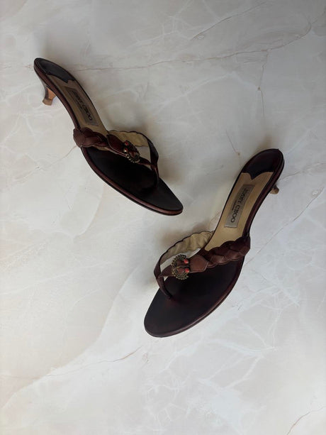 Jimmy Choo EU 39.5 Brown Leather Braided Thong Kitten Heel Sandal