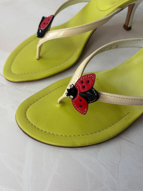 Coach US 9 Rare Ladybug Green Leather Thong Sandal