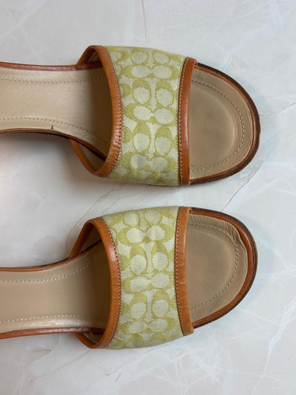 Coach US 8.5 Apple Green Signature C Monogram Canvas Open Toe Kitten Heel