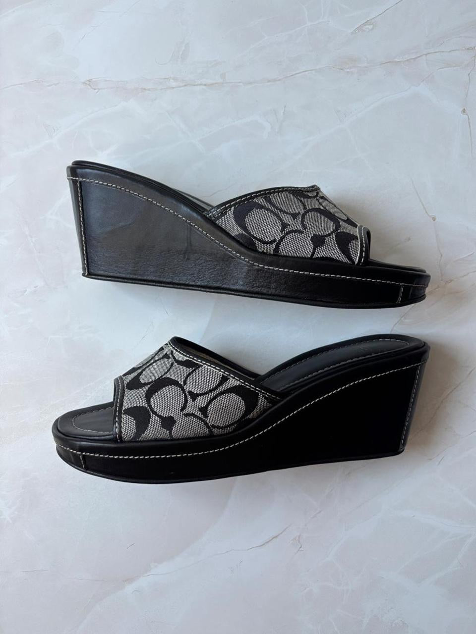 Coach US 10 Black Grey Monogram Canvas Wedge Slide Sandal