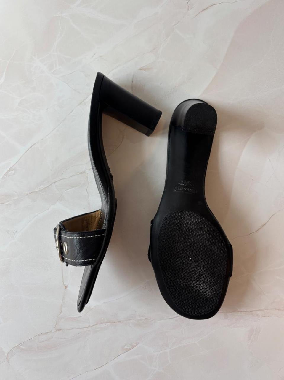 Coach US 8 Black Leather Open Toe Block Heel Mule