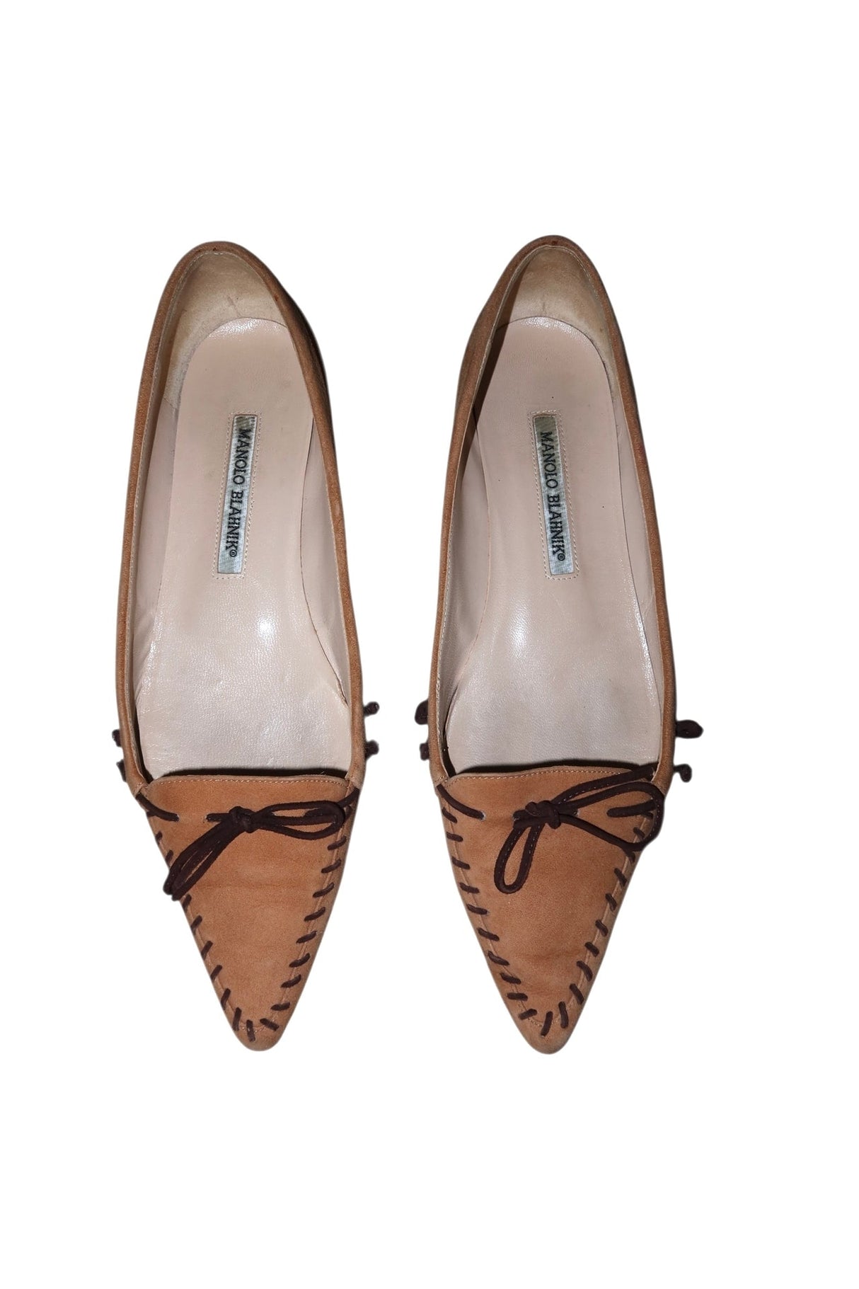 Manolo Blahnik camel suede flats with brown bows and details (38.5)