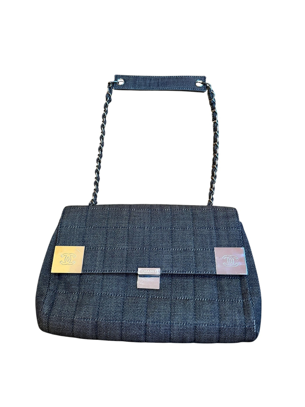 Chanel grey denim chocolate bar flap bag