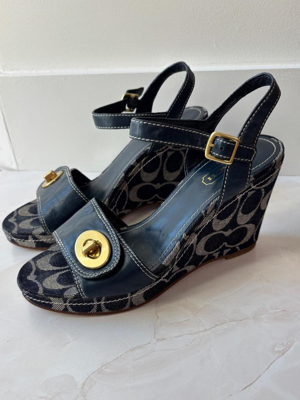 Coach US 8.5 Navy Monogram Canvas Ankle Strap Chunky Platform Wedge
