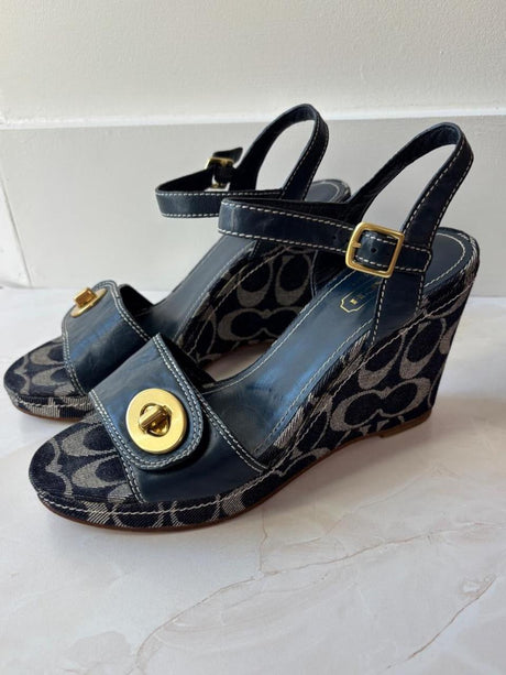 Coach US 8.5 Navy Monogram Canvas Ankle Strap Chunky Platform Wedge
