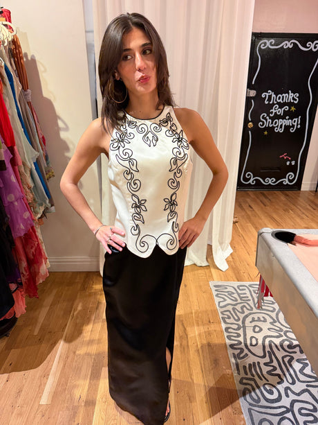 Jessica McClintock for Gunne Saxe white and black evening gown