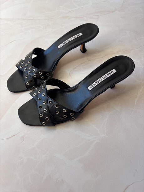 Manolo Blahnik EU 39.5 Black Leather Grommet Crossover Kitten Heel Mule