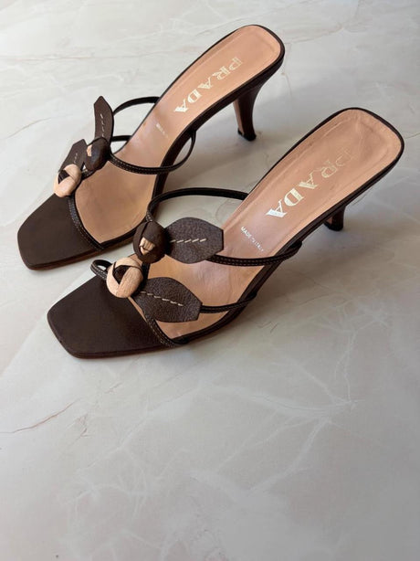 Prada EU 38.5 Chocolate Brown Leather Flower Kitten Heel Mule