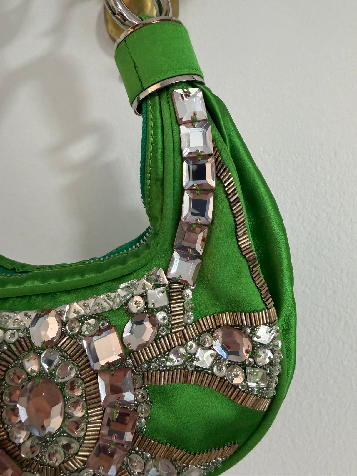 Rare Archival Chloé “Bracelet Bag” in Green Satin with hand stitched crystal beaded details