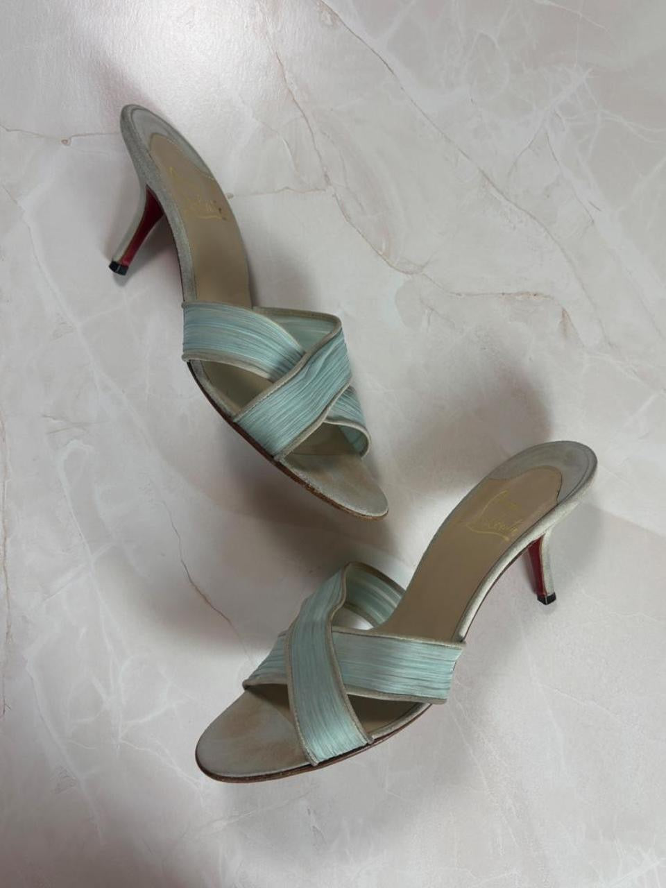 EU 36.5 Louboutin Light Blue Pleated Crisscross Mule Sandal