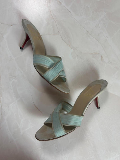 EU 36.5 Louboutin Light Blue Pleated Crisscross Mule Sandal