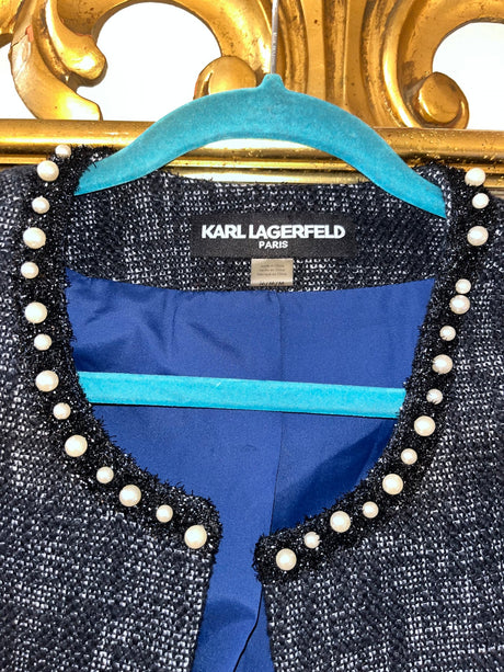Karl Lagerfeld tweed blazer with pearl detail at collar