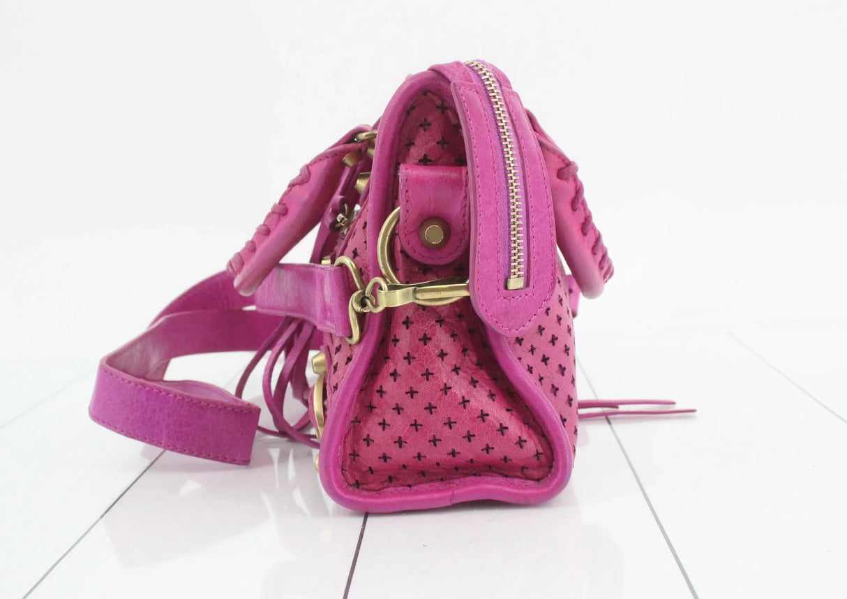 Balenciaga Perforated Mini City Bag in Pink Leather