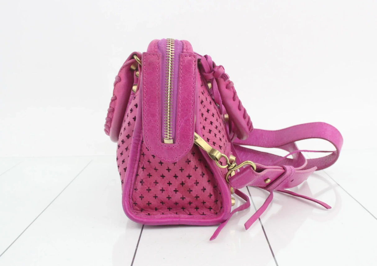 Balenciaga Perforated Mini City Bag in Pink Leather