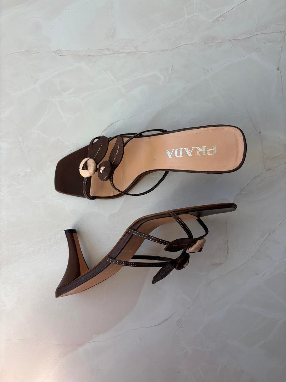 Prada EU 38.5 Chocolate Brown Leather Flower Kitten Heel Mule