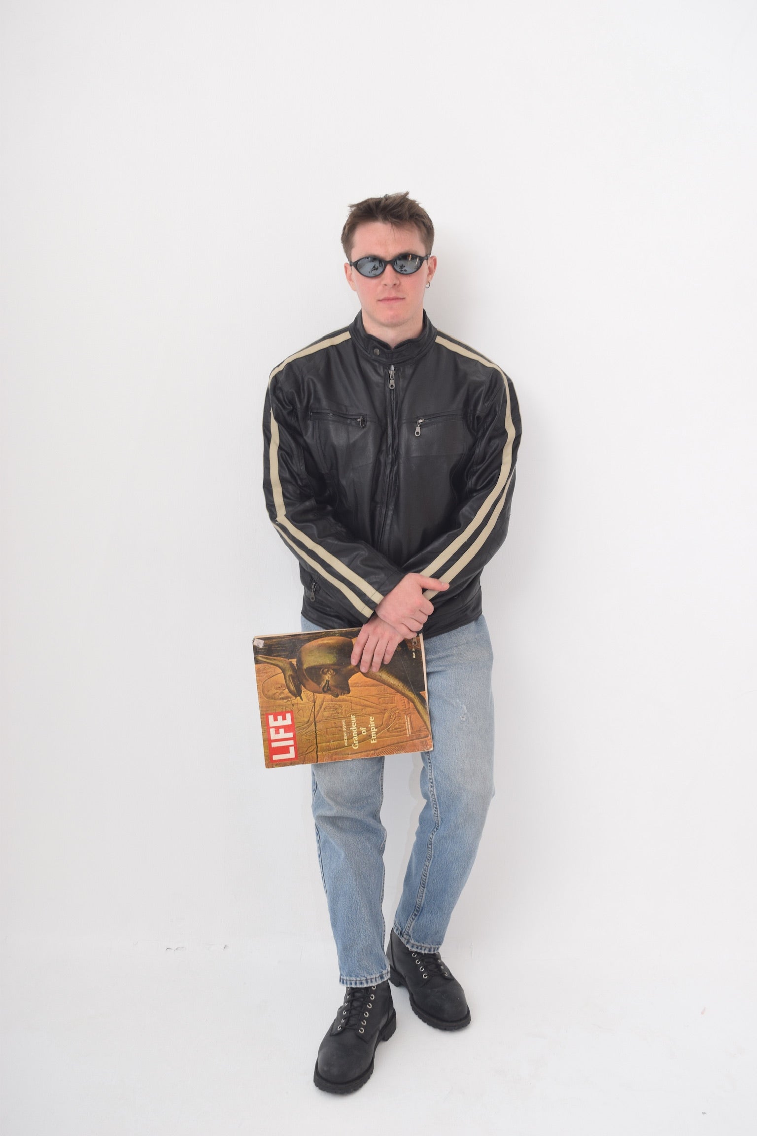 Leather Jacket with White Racing Stripe Detail