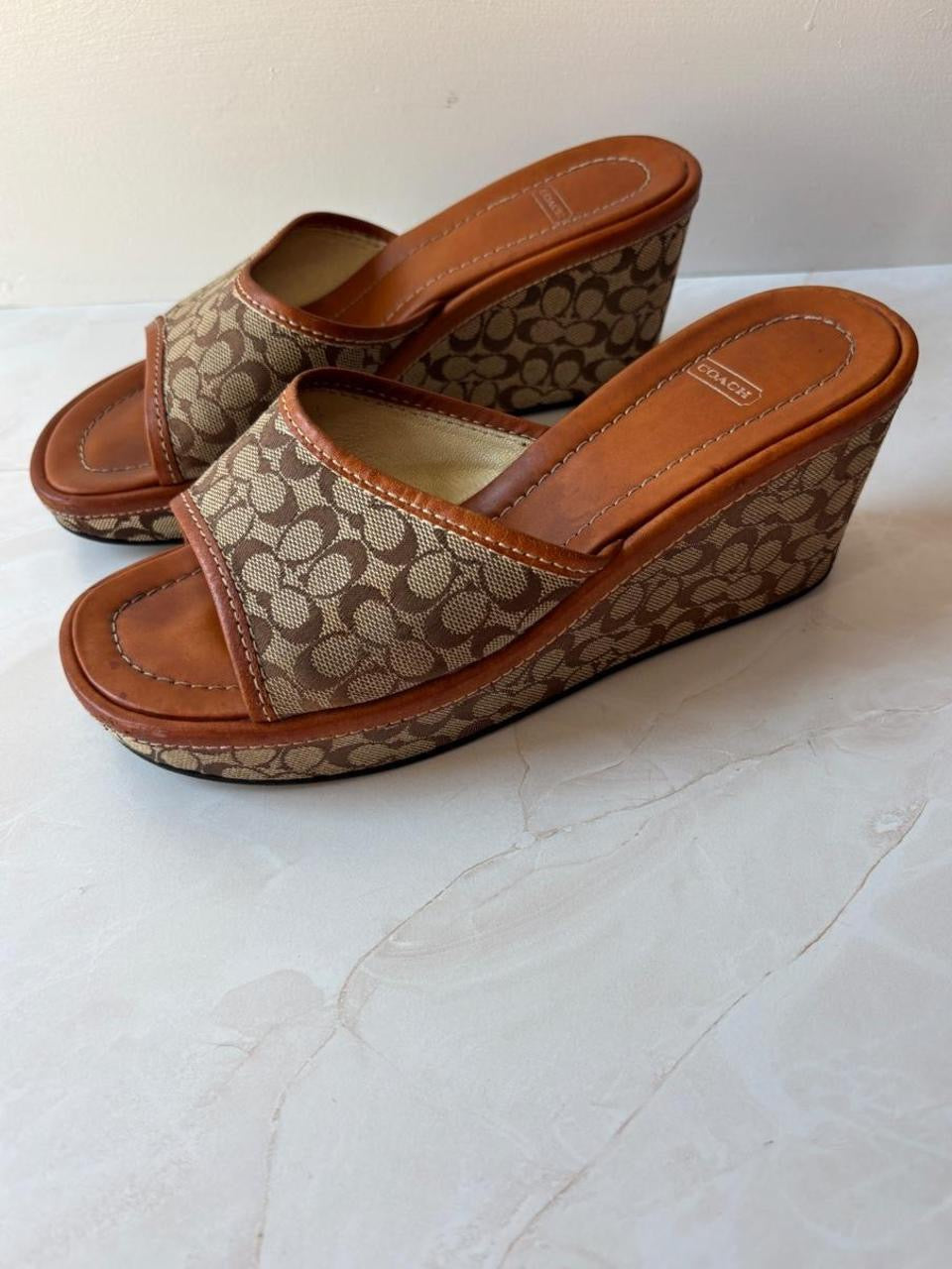Coach US 7 Tan Brown Monogram Canvas Wedge Slide Sandal