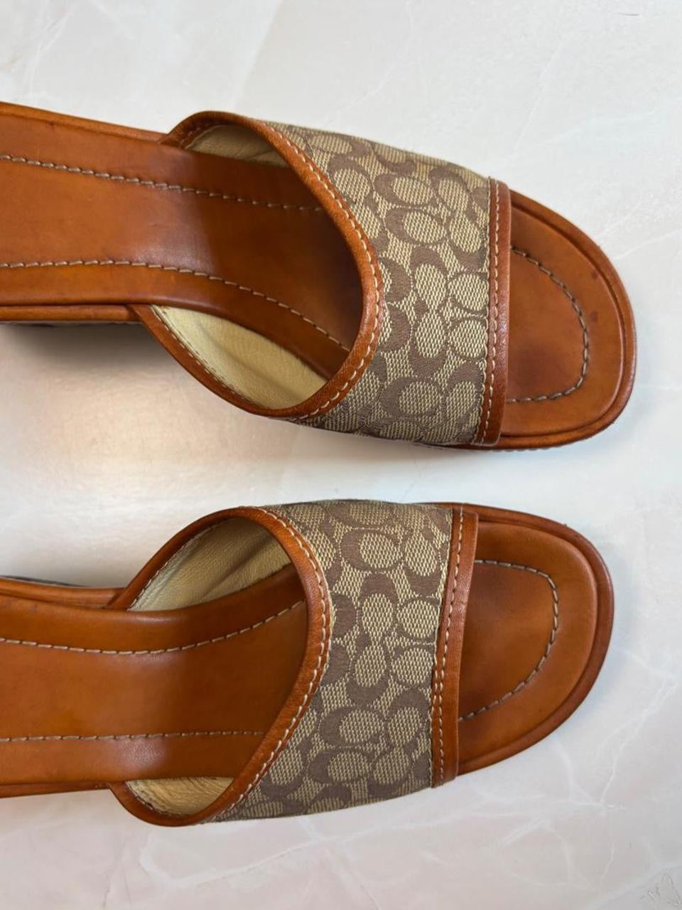 Coach US 7 Tan Brown Monogram Canvas Wedge Slide Sandal